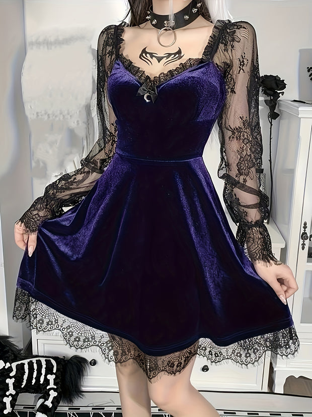 Halloween Waist-Cinching Dress, Gothic Dark Style Contrast Lace Long-Sleeve A-Line Party Performance Costume