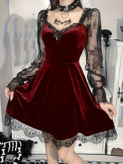 Halloween Waist-Cinching Dress, Gothic Dark Style Contrast Lace Long-Sleeve A-Line Party Performance Costume