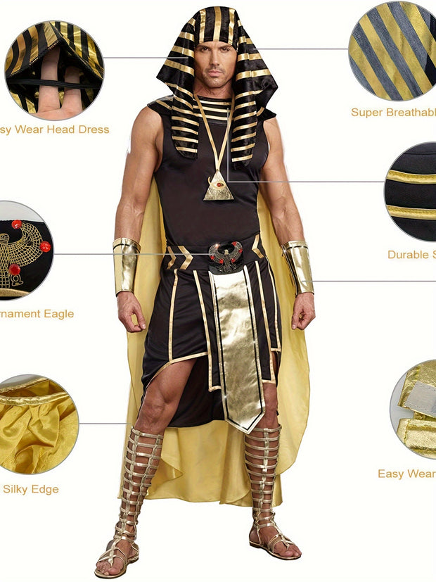 Men Egyptian Costume Set, 7 Pcs Golden Trim Tank Tops Skirt Arm Sleeves Headwear Necklace Halloween Cosplay Outfits