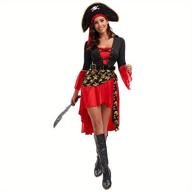 Halloween Costume Makeup Dance Red Pirate Dress Adult Women's Halloween Carnival Pirate Performance Clothes + Belt + Hat