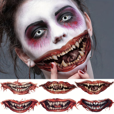 6pcs Horror Clown Fang Temporary Tattoos for Men and Women, Adult Halloween Costume, Terrifying Bloody Monster Big Mouth Sharp Teeth Facial Fake Tattoo Stickers Long-Lasting Waterproof Vampire Zombie Makeup Tattoo Face Decals