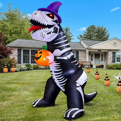 8ft Halloween Inflatable Decoration, Built In LED Lights Blow Up Skeleton Dinosaur Holds A Pumpkin Decorations for Halloween Party, Outdoor, Garden, Yard Lawn Decor