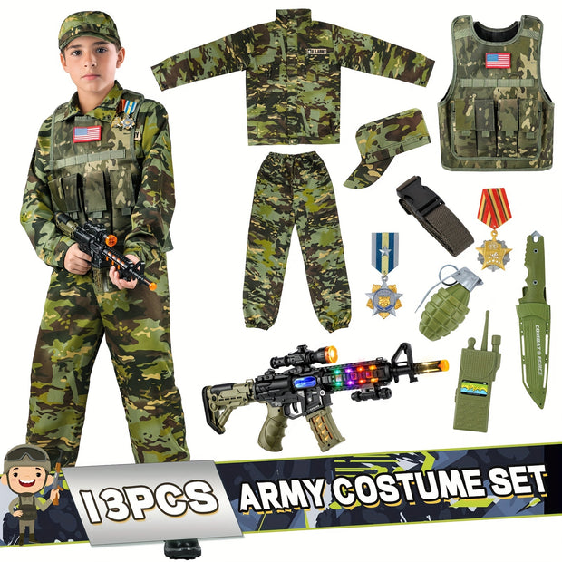 GINMIC Tactical Army Costume for Boys & Girls - Realistic Camouflage Vest with MOLLE Webbing, Pistol & Med Kit, Halloween & Christmas Outfit, Durable Polyester, Boy Costume, Best for Christmas