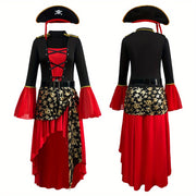 Halloween Costume Makeup Dance Red Pirate Dress Adult Women's Halloween Carnival Pirate Performance Clothes + Belt + Hat