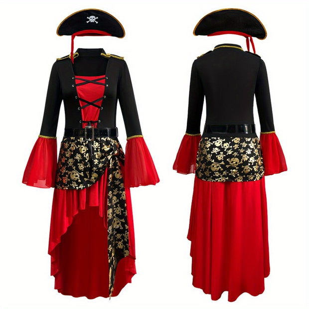 Halloween Costume Makeup Dance Red Pirate Dress Adult Women's Halloween Carnival Pirate Performance Clothes + Belt + Hat