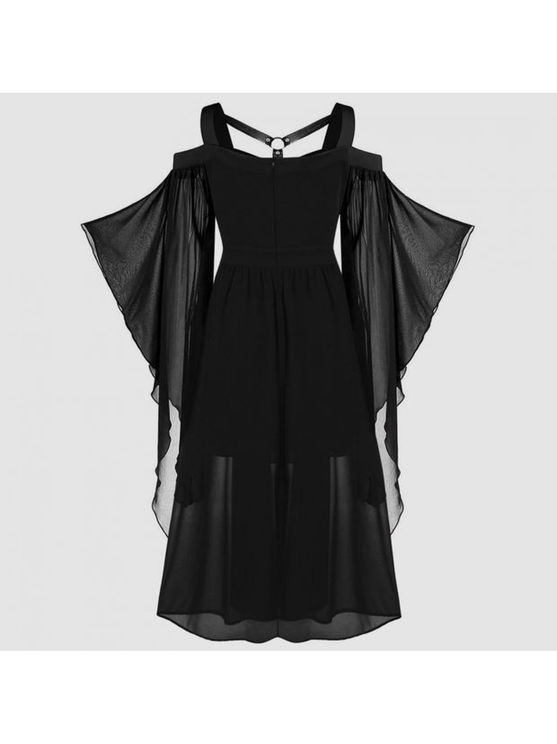Plus Size, Women's Plus Size Gothic Halloween Witch Dress with Strapless Tie-Waist, Bell Sleeves & Irregular Patchwork - Long A-Line Skirt, Lace-like Hem, Machine Washable Elegant Party & Everyday Maxi Dress