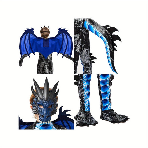 SYNCFUN Halloween Dragon Costume for Kids - Blue & Black Winged Dragon with Tail & Mask Set, All-Season Dress Up for Boys, Halloween Costume, Festive Attire, Detailed Craftsmanship, Durable Fabric, Best for Christmas, Perfect