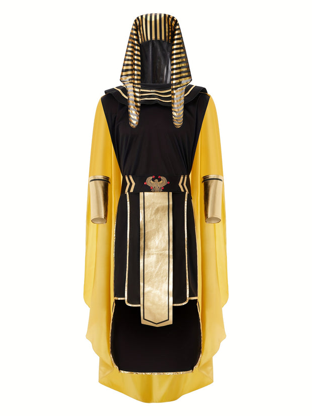 Men Egyptian Costume Set, 7 Pcs Golden Trim Tank Tops Skirt Arm Sleeves Headwear Necklace Halloween Cosplay Outfits