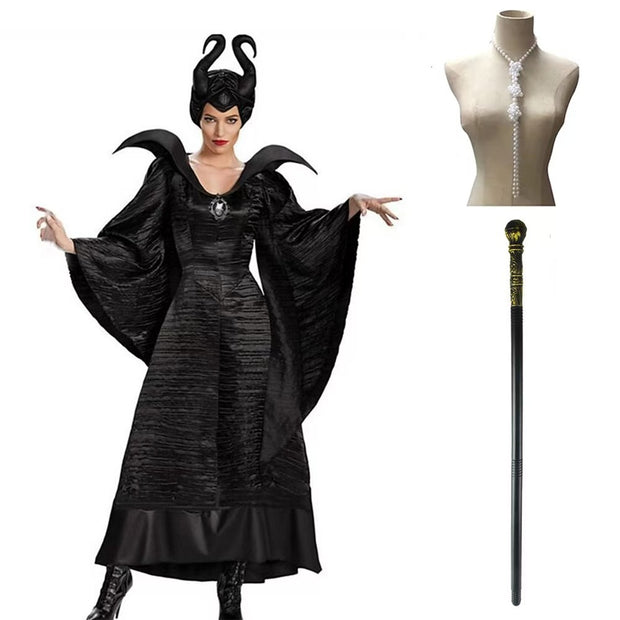 2025 Disney Maleficent Dark Lord Queen Costume for Adults - Officially Inspired Halloween Costume with Staff Accessory, Elegant Black & White Gothic Outfit with Intricate Details, Comfortable Performance Costume for Cosplay,