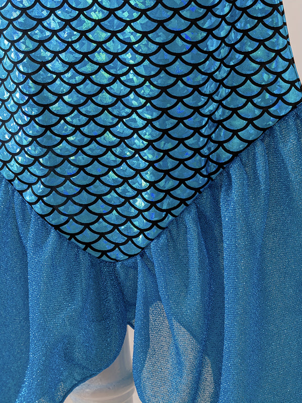 Mermaid Princess Dress with Fish Scale Print, Featuring Flutter Sleeves And a Strap Design, Perfect for Princess Parties And As a Gift for Festivals.