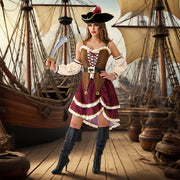 Women'S Pirate Costume Dress with Matching Hat - Elegant Burgundy & Golden Pirate Outfit, Flared Skirt for Halloween, Themed Parties, Cosplay - Pirate Party Attire for Adults, Pirate Costume Accessories, Themed Event Attire,