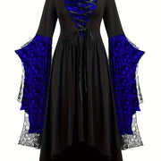 Plus Size, Women's Gothic Plus Size Elegant Witch Dress with Skull & Bat Lace Sleeves, A-Line Floor-Length Formal Halloween Costume, Machine Washable All-Season Party Dress with Belted Waist & Ruffled Hem - Victorian-Style St