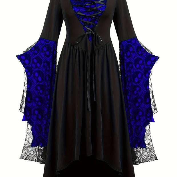 Plus Size, Women's Gothic Plus Size Elegant Witch Dress with Skull & Bat Lace Sleeves, A-Line Floor-Length Formal Halloween Costume, Machine Washable All-Season Party Dress with Belted Waist & Ruffled Hem - Victorian-Style St
