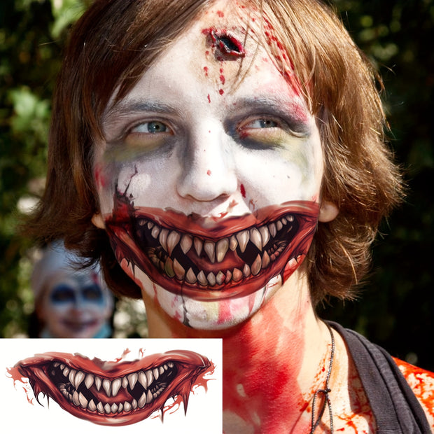 6pcs Horror Clown Fang Temporary Tattoos for Men and Women, Adult Halloween Costume, Terrifying Bloody Monster Big Mouth Sharp Teeth Facial Fake Tattoo Stickers Long-Lasting Waterproof Vampire Zombie Makeup Tattoo Face Decals