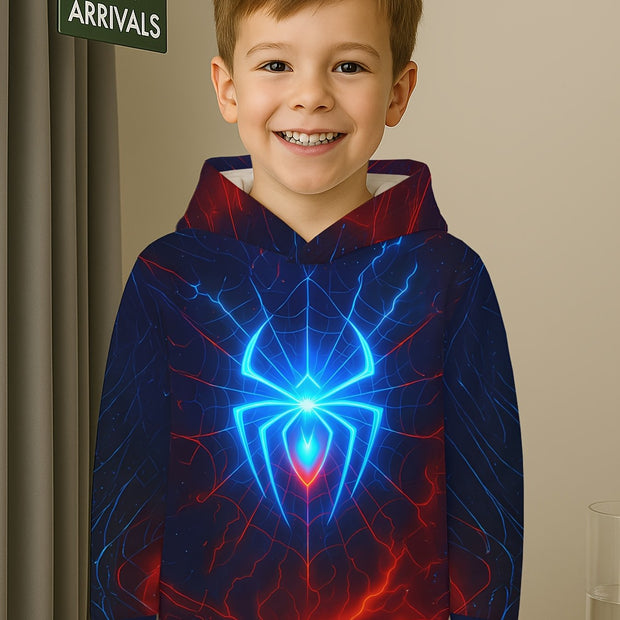 Boys Glow-in-the-Dark Spider Hoodie - Glow-in-the-Dark Spider Graphic, Neon Blue & Red Web Print Pullover Sweatshirt for Kids Ages 5-14, Hooded Superhero for Halloween, Birthday Parties & Everyday Play - Machine Washable Fall