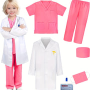 6pcs Set V-neck Top + Pants + Hat + Mask+ Name Card + Embroidered White Coat, Youngers Doctor Nurse Uniform Professional Costume Kindergarten Surgical Suit Role-playing Games Birthday Clothes Performance Party Mardi Gras, Car