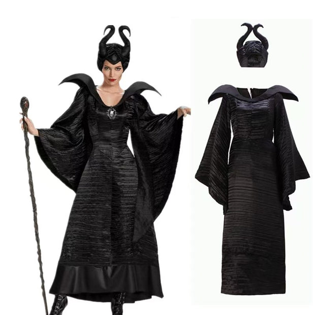 2025 Disney Maleficent Dark Lord Queen Costume for Adults - Officially Inspired Halloween Costume with Staff Accessory, Elegant Black & White Gothic Outfit with Intricate Details, Comfortable Performance Costume for Cosplay,