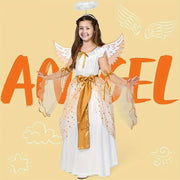 SYNCFUN Halloween Angel Costume for Girls - Golden & White Polyester Dress with Wings, Belt, and Tulle Skirt for Halloween RolePlay Themed Parties, Halloween Costume, Halloween Party Attire, Decorative Belt, Smooth Texture Fa