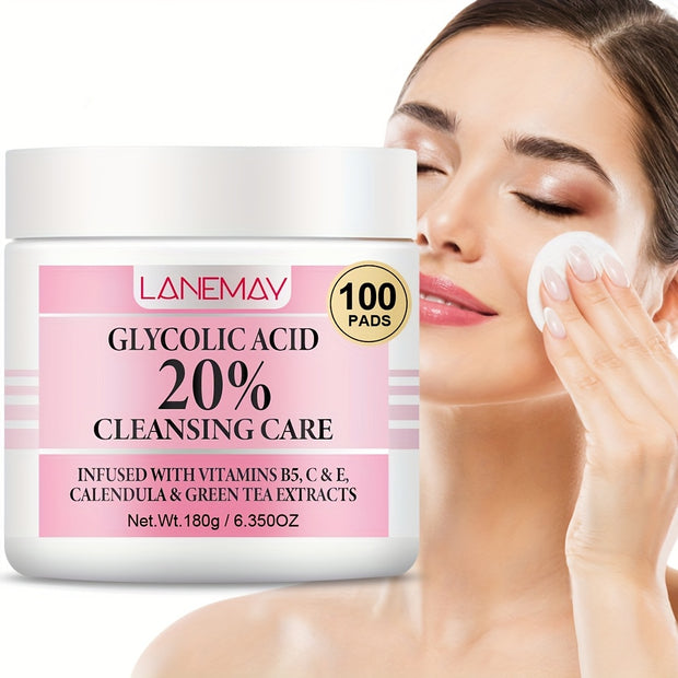 LANEMAV Glycolic Acid Facial Cleansing Pads | 100 Count | Hypoallergenic, Infused with Vitamin B5 & E, Calendula & Green Tea Extracts | Deep Pore Unclogging & Oil Control | Suitable for Sensitive Light Beige | Minty Fresh Sce