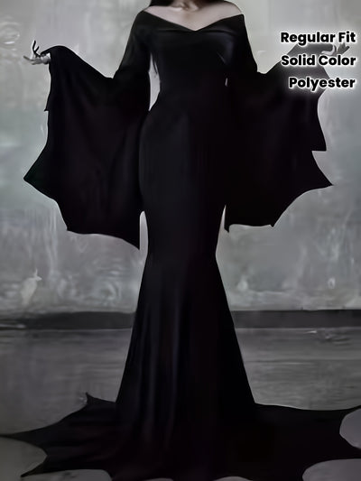 [Vintage Gothic Witch Dress] Vintage Gothic Witch Halloween Dress - Off Shoulder Long Sleeve Mermaid Skirt, Solid Color 100% Polyester, Floor-Length Knit Fabric, Regular Fit - Bat Wing Design