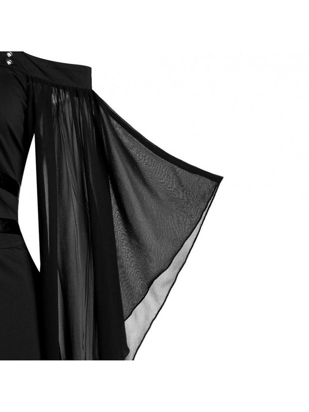 Plus Size, Women's Plus Size Gothic Halloween Witch Dress with Strapless Tie-Waist, Bell Sleeves & Irregular Patchwork - Long A-Line Skirt, Lace-like Hem, Machine Washable Elegant Party & Everyday Maxi Dress
