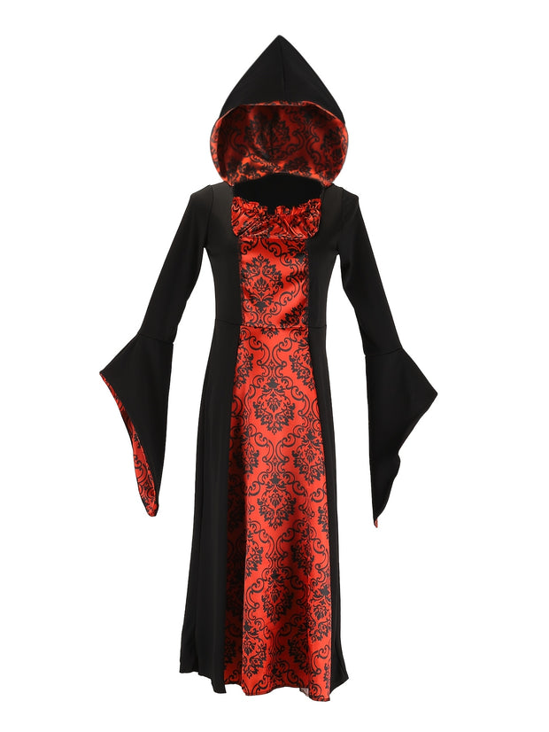 A Long Hooded Print Dress for Girls Featuring Exquisite Digital Prints of a Vampire Costume, Perfect for Halloween Parties And Various Festive Celebrations.