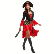 Halloween Costume Makeup Dance Red Pirate Dress Adult Women's Halloween Carnival Pirate Performance Clothes + Belt + Hat