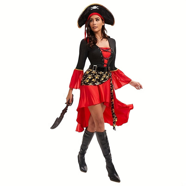 Halloween Costume Makeup Dance Red Pirate Dress Adult Women's Halloween Carnival Pirate Performance Clothes + Belt + Hat