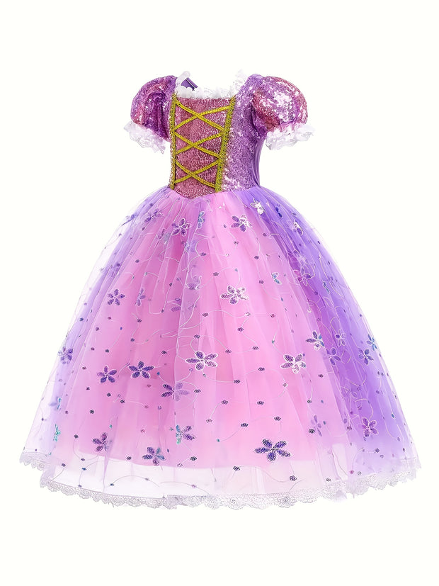 Girls' LED Princess Dress with Glow-in-the-Dark Lights - Magical Purple & Pink Party Ball Gown with Ruffled Sleeves & Layered Skirt for Birthday, Halloween, Christmas Costumes - All-Season Wear, Easy-to-Wear LED Dress for Gir