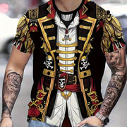 Men'S Pirate Costume Jacket T-Shirt - Plus Size Available - Black & Golden Pirate Skull Graphic, Breathable Quick-Dry Fabric for Halloween, Cosplay, Themed Parties - Lightweight Summer Shirt for Adults, Pirate Costume, Casual
