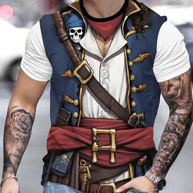 Men's Pirate Costume Shirt with Treasure Chest Buckle & Cross Belt - Plus Size Available - Historical Pirate Outfit with Golden Accent Trim, Machine Washable Fabric for Themed Parties, Renaissance Fairs, Cosplay - Comfortable