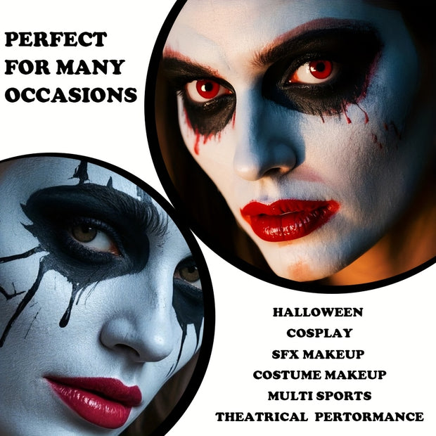 White Water-Soluble Face & Body Paint with Brushes - Halloween Skeleton, Zombie, Vampire & Skull Designs for Christmas, Mardi Gras & Cosplay Parties - Easy Application Paste For