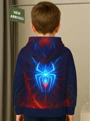 Boys Glow-in-the-Dark Spider Hoodie - Glow-in-the-Dark Spider Graphic, Neon Blue & Red Web Print Pullover Sweatshirt for Kids Ages 5-14, Hooded Superhero for Halloween, Birthday Parties & Everyday Play - Machine Washable Fall