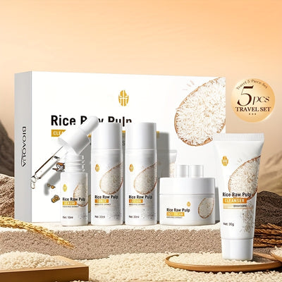 Rice Light Beige Care Set, 5pcs Moisturizing Facial Care Set for Women, Rice Shampoos Facial Light Beige Care Set, Including Rice Cleanser, Toner, Essence, Cream, Lotion. Mini Travel Size