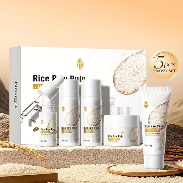 Rice Light Beige Care Set, 5pcs Moisturizing Facial Care Set for Women, Rice Shampoos Facial Light Beige Care Set, Including Rice Cleanser, Toner, Essence, Cream, Lotion. Mini Travel Size