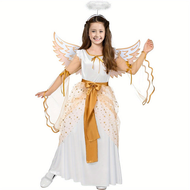 SYNCFUN Halloween Angel Costume for Girls - Golden & White Polyester Dress with Wings, Belt, and Tulle Skirt for Halloween RolePlay Themed Parties, Halloween Costume, Halloween Party Attire, Decorative Belt, Smooth Texture Fa