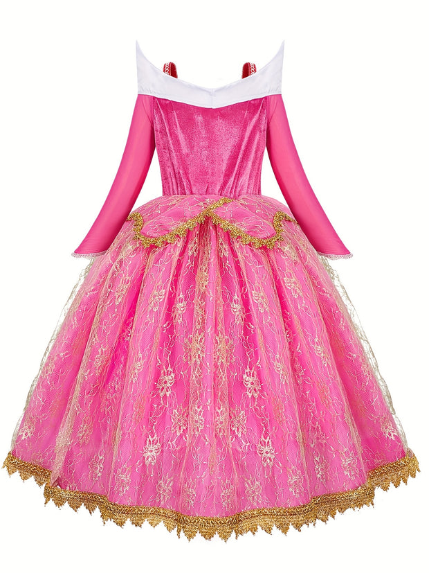 Elegant Pink Princess Dress for Girls - Long Sleeve, Lace Detail, Tulle Skirt with Golden Embroidery - Perfect for Spring, Fall, Halloween, and Christmas Parties, Halloween Costume | Elegant Lace Dress | Detailed Embroidery,