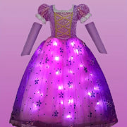 Girls' LED Princess Dress with Glow-in-the-Dark Lights - Magical Purple & Pink Party Ball Gown with Ruffled Sleeves & Layered Skirt for Birthday, Halloween, Christmas Costumes - All-Season Wear, Easy-to-Wear LED Dress for Gir