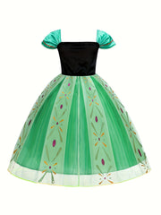 Girls' Bubble Sleeve Mesh Patchwork Print Dress, Long Princess Gown for Birthday Party, Christmas, Halloween Carnival, and Costume Ball