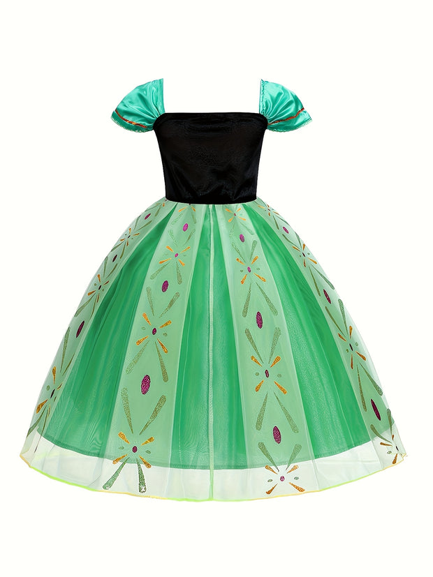 Girls' Bubble Sleeve Mesh Patchwork Print Dress, Long Princess Gown for Birthday Party, Christmas, Halloween Carnival, and Costume Ball