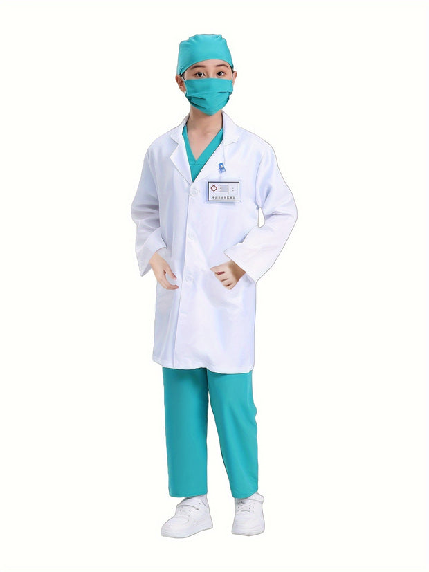 6pcs Set V-neck Top + Pants + Hat + Mask+ Name Card + Embroidered White Coat, Youngers Doctor Nurse Uniform Professional Costume Kindergarten Surgical Suit Role-playing Games Birthday Clothes Performance Party Mardi Gras, Car
