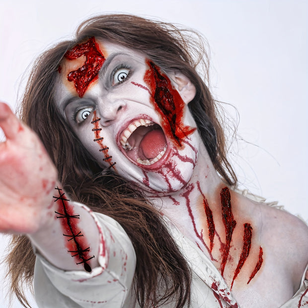 9 Sheets Scary Fake Blood Tattoos - Realistic Bloody Wound Decals with Stitched Wounds, Bleeding Effect & Faux Blood Splatter for Halloween Costume Makeup, Cosplay, Theater - Long-Lasting Waterproof Temporary Tattoos for Adul