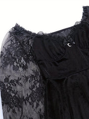 Halloween Waist-Cinching Dress, Gothic Dark Style Contrast Lace Long-Sleeve A-Line Party Performance Costume