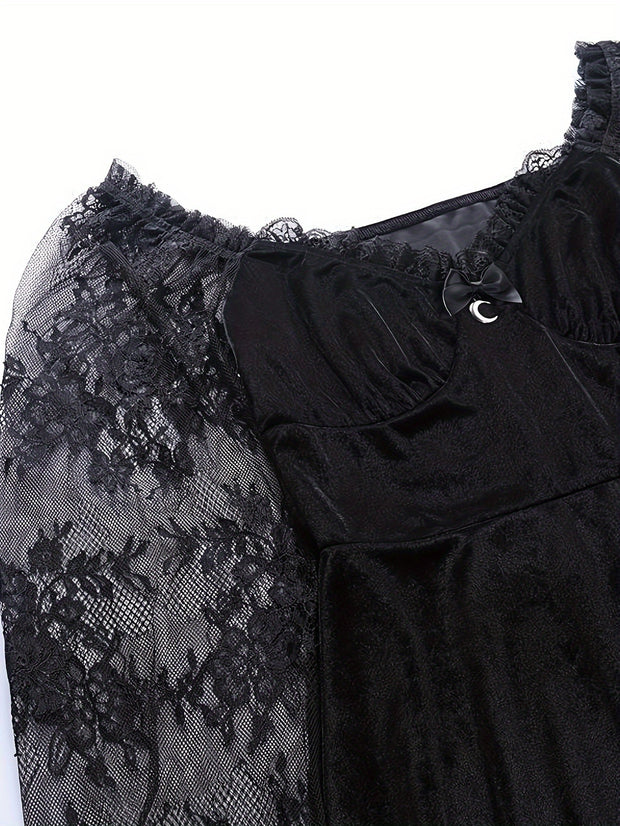 Halloween Waist-Cinching Dress, Gothic Dark Style Contrast Lace Long-Sleeve A-Line Party Performance Costume
