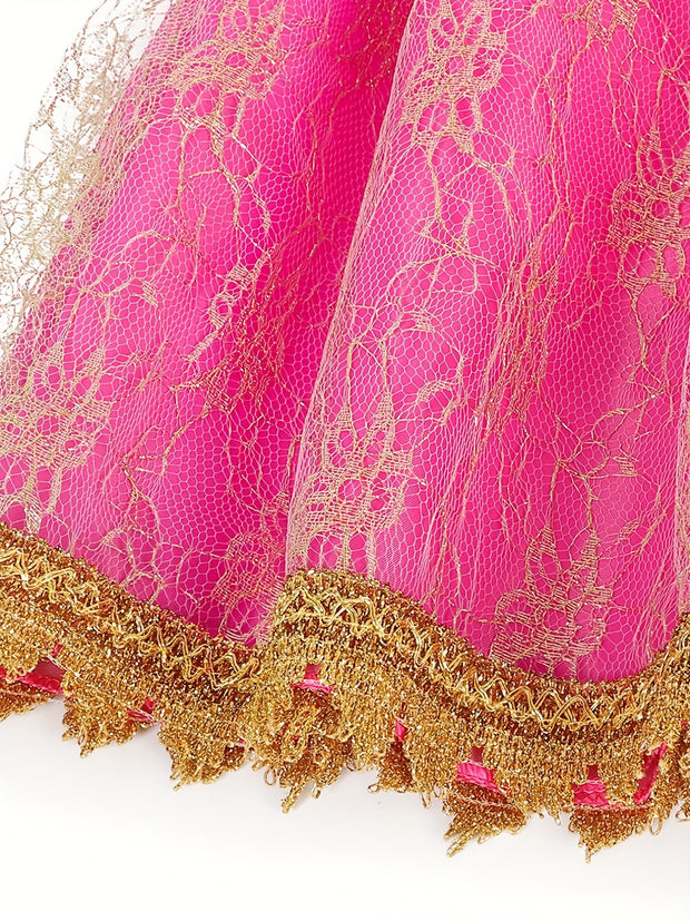 Elegant Pink Princess Dress for Girls - Long Sleeve, Lace Detail, Tulle Skirt with Golden Embroidery - Perfect for Spring, Fall, Halloween, and Christmas Parties, Halloween Costume | Elegant Lace Dress | Detailed Embroidery,