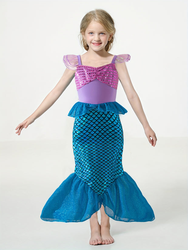 Mermaid Princess Dress with Fish Scale Print, Featuring Flutter Sleeves And a Strap Design, Perfect for Princess Parties And As a Gift for Festivals.