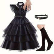 Girls' V-Neck Ruffle Button Solid Color High Neck Black Dress Long Skirt Cosplay Princess Birthday Party Christmas Halloween Dance Party Dress with Wig, Stockings, Necklace Set and Gloves 5pcs Set