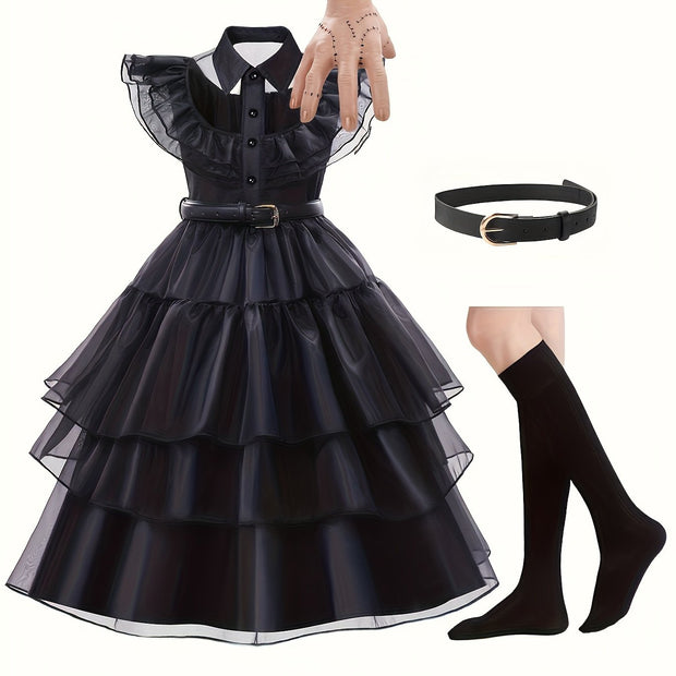 Girls' V-Neck Ruffle Button Solid Color High Neck Black Dress Long Skirt Cosplay Princess Birthday Party Christmas Halloween Dance Party Dress with Wig, Stockings, Necklace Set and Gloves 5pcs Set