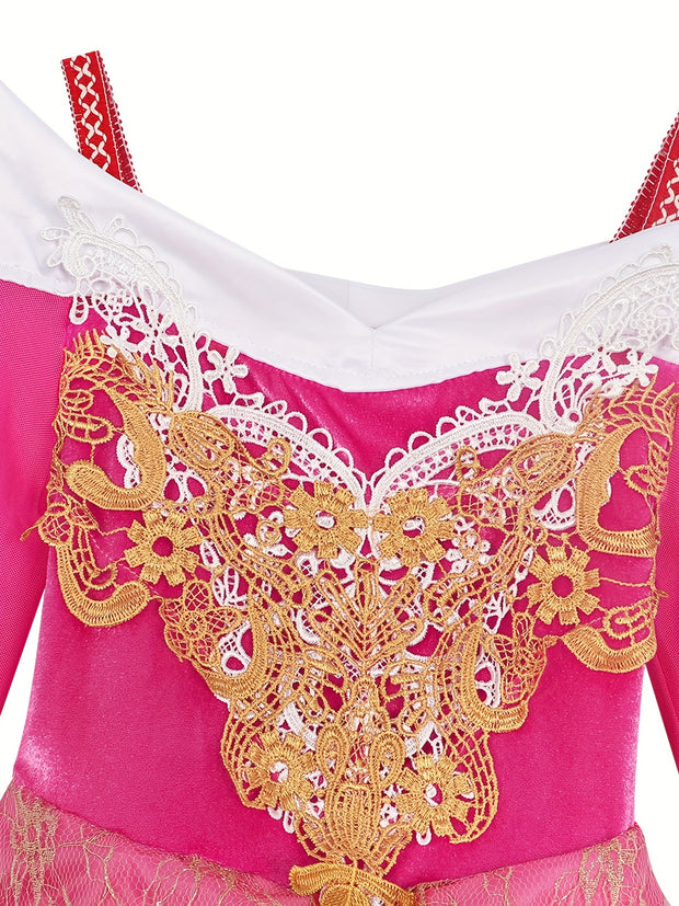 Elegant Pink Princess Dress for Girls - Long Sleeve, Lace Detail, Tulle Skirt with Golden Embroidery - Perfect for Spring, Fall, Halloween, and Christmas Parties, Halloween Costume | Elegant Lace Dress | Detailed Embroidery,