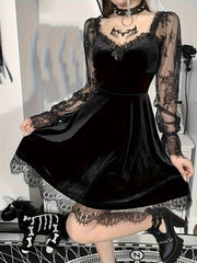 Halloween Waist-Cinching Dress, Gothic Dark Style Contrast Lace Long-Sleeve A-Line Party Performance Costume